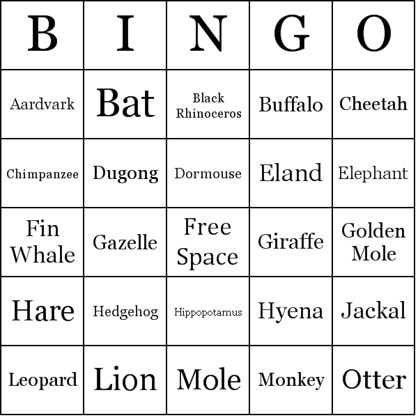 african animals list. These African Animals bingo