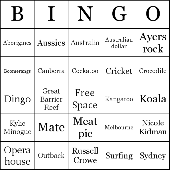 Australia Bingo Cards