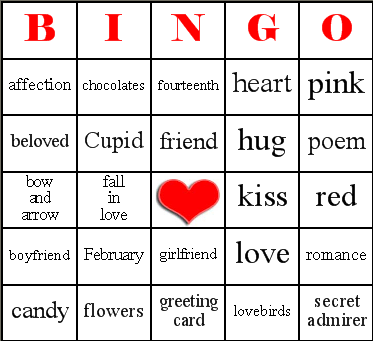 These Valentine's Day bingo cards have words associated with valentine's day 