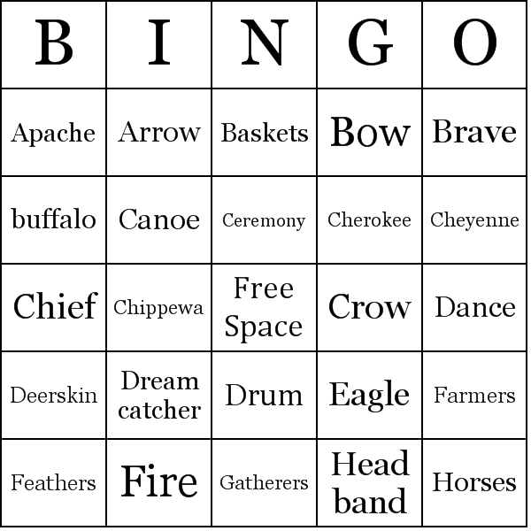 Native Americans Bingo Card Preview