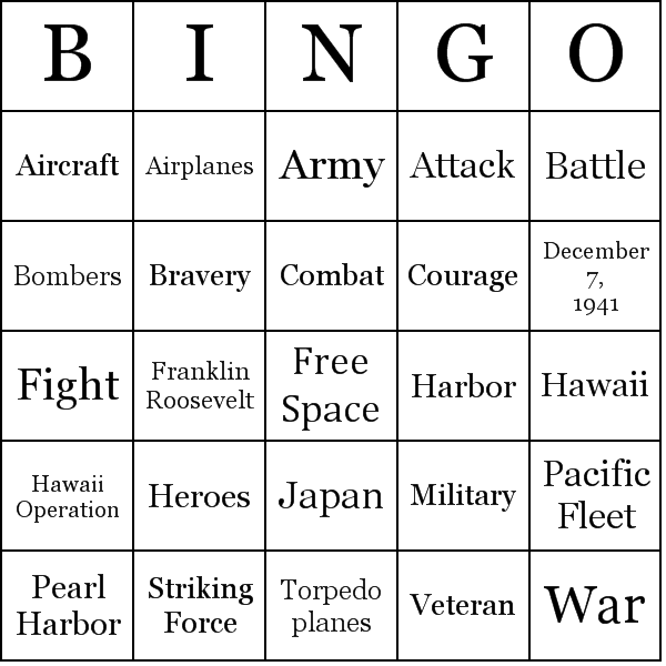 Pearl Harbor Bingo Card Preview