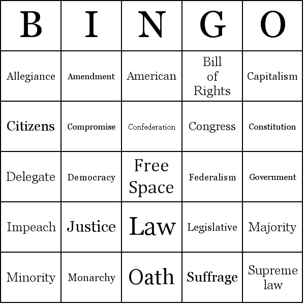 United States Constitution Bingo Card Preview