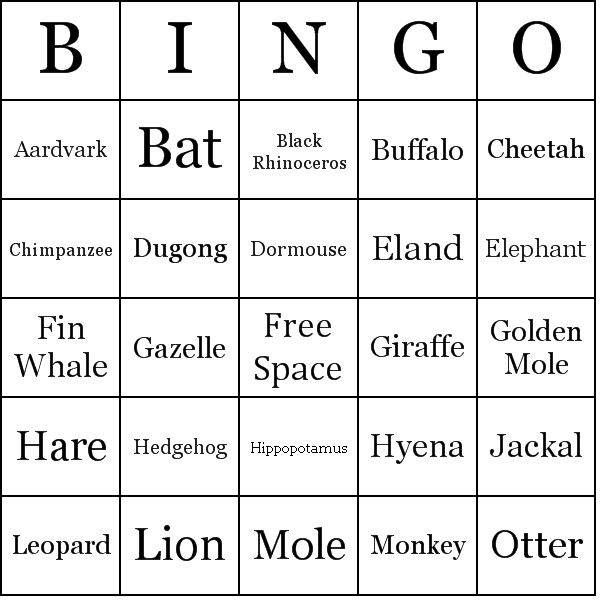 African Animals Bingo Card Preview