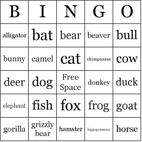 Animals Bingo Card Preview
