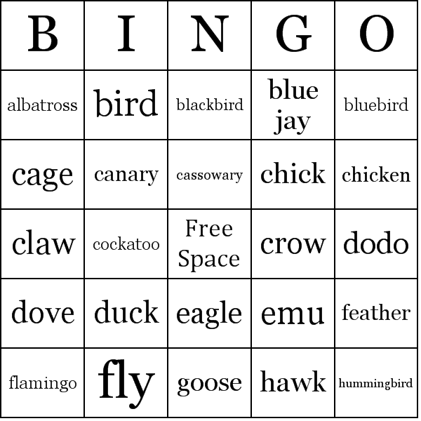 Birds Bingo Card Preview