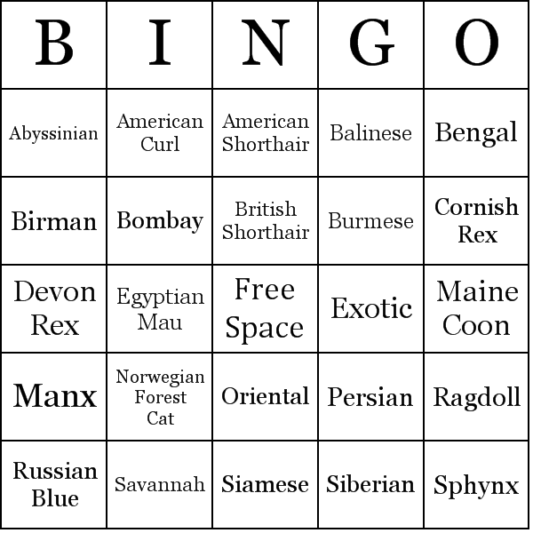 Cat Breeds Bingo Card Preview