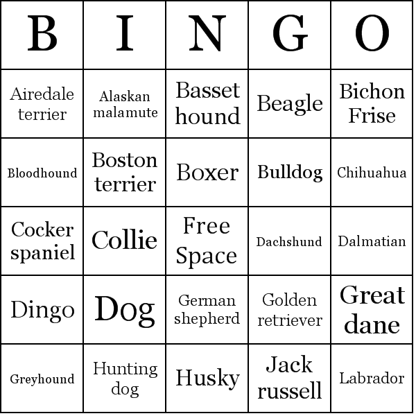 Dogs Bingo Card Preview