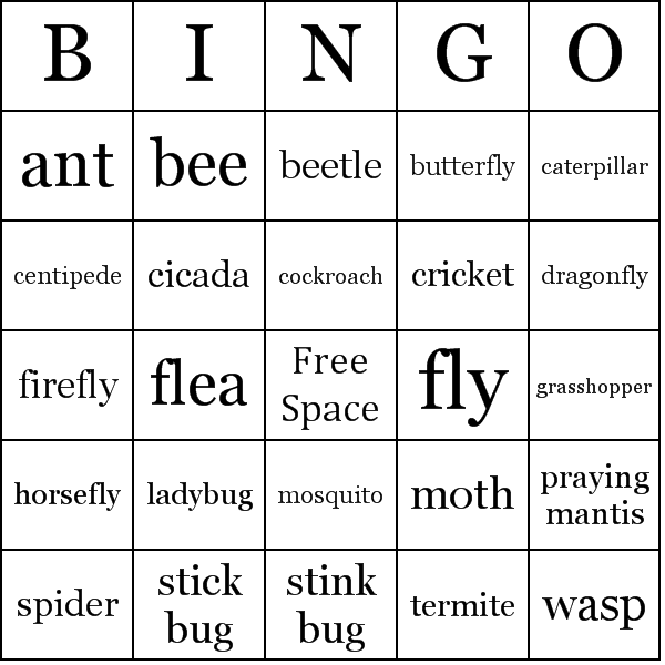 Insects and Bugs Bingo Card Preview