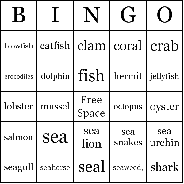 Sea Animals Bingo Card Preview