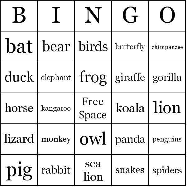 Zoo Animals Bingo Card Preview