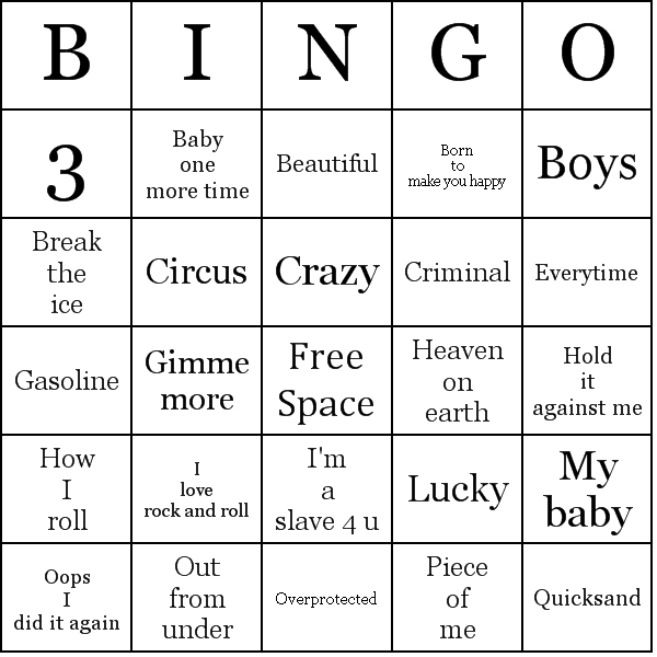 Britney Spears Songs Bingo Card Preview