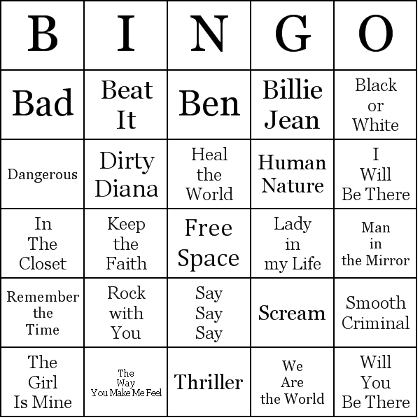 Michael Jackson Songs Bingo Card Preview