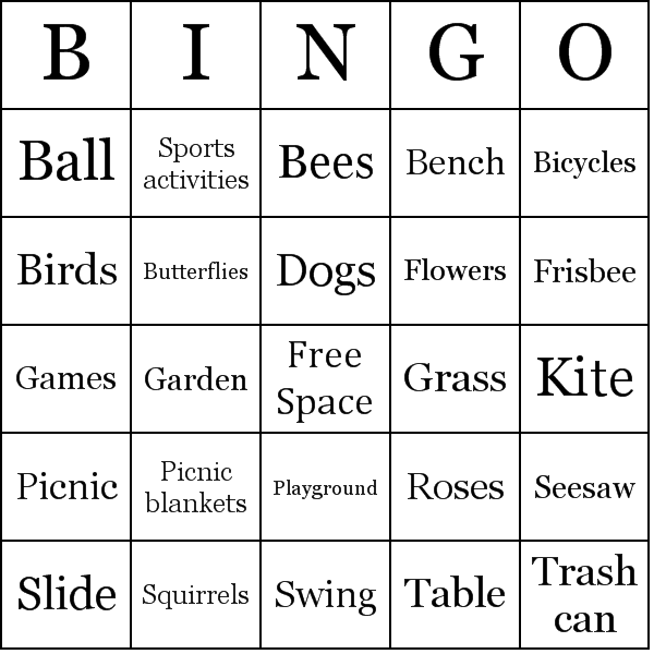 Park Bingo Card Preview