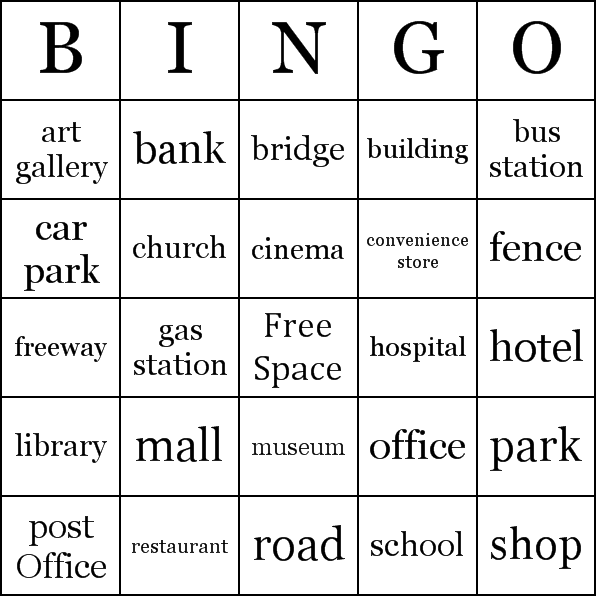 Places in the City Bingo Card Preview