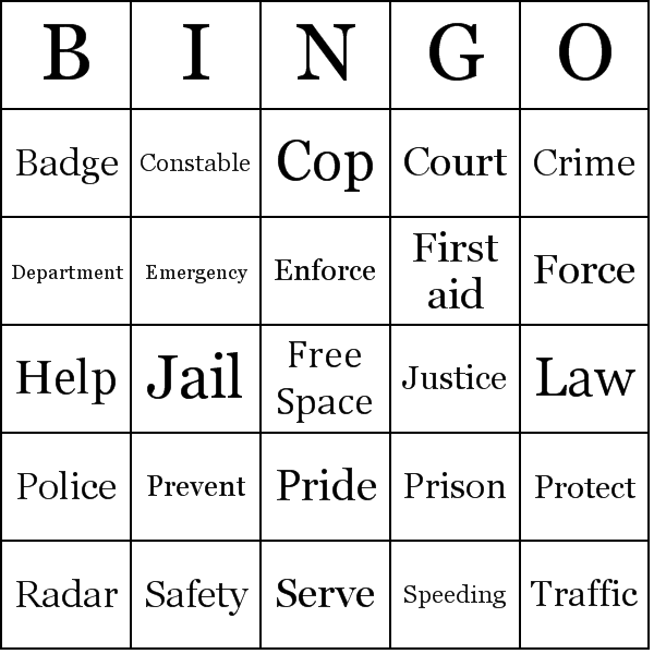 Police Department Bingo Card Preview
