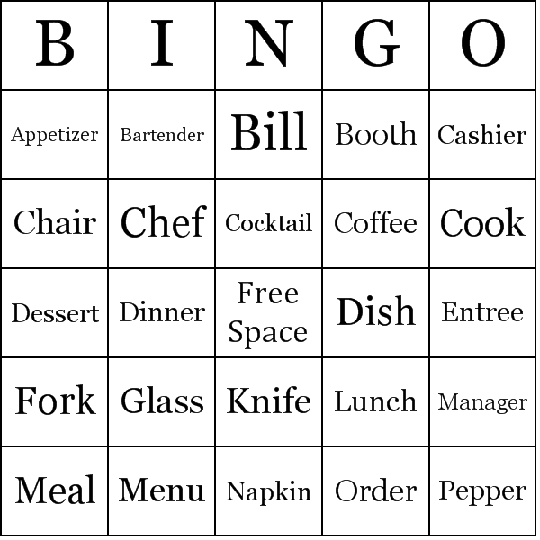 Restaurant Bingo Card Preview