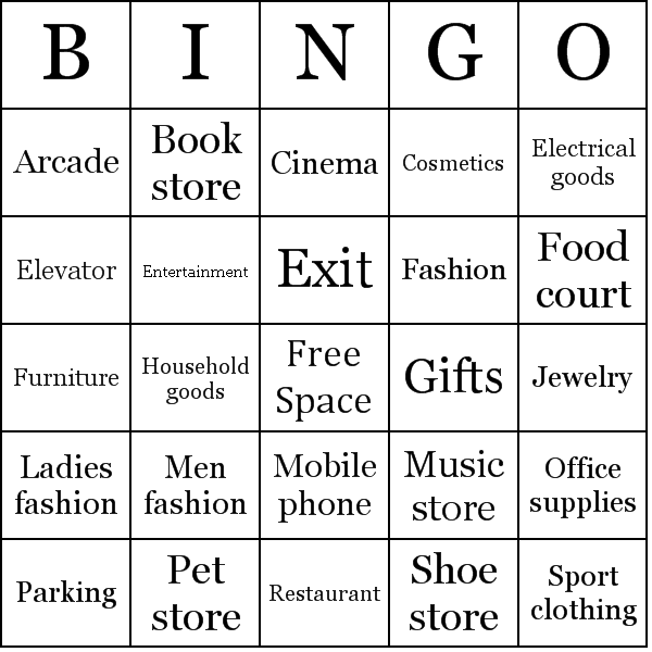 Shopping Mall Bingo Card Preview