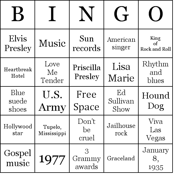 Elvis Presley Bingo Card Preview