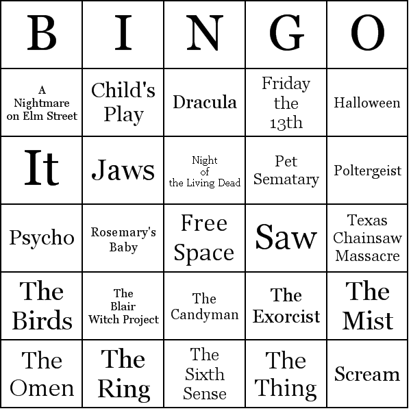 Horror Movies Bingo Card Preview