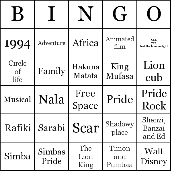 The Lion King Bingo Card Preview