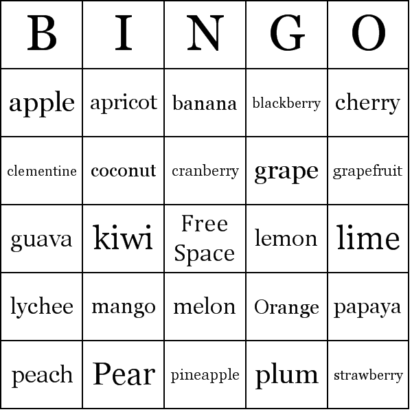 Fruit Bingo Card Preview