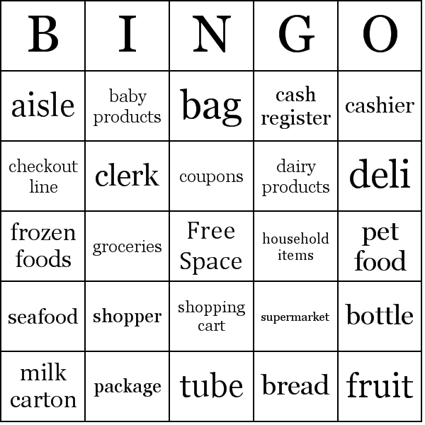 Supermarket Vocabulary Bingo Card Preview