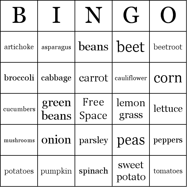 Vegetables Bingo Card Preview