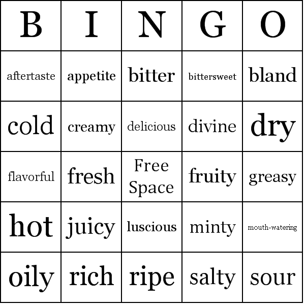 Words to Describe the Taste of Food Bingo Card Preview