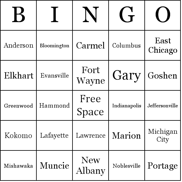 Cities in Indiana Bingo Card Preview