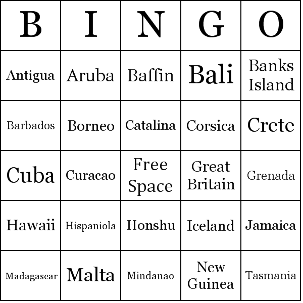 List of Islands Bingo Card Preview