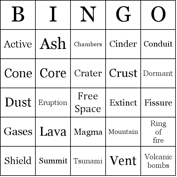 Volcano Bingo Card Preview