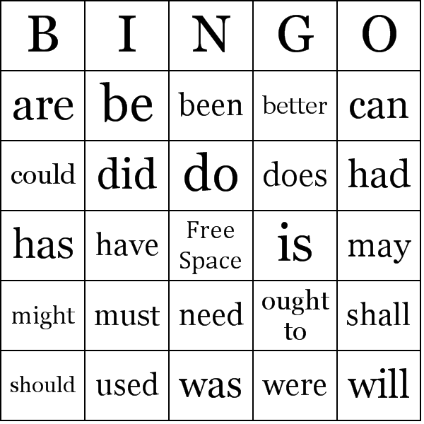 Auxiliary Verbs Bingo Card Preview