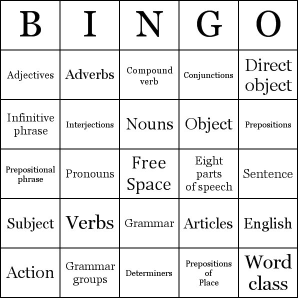 Part of Speech Bingo Card Preview