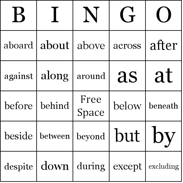 Prepositions Bingo Card Preview