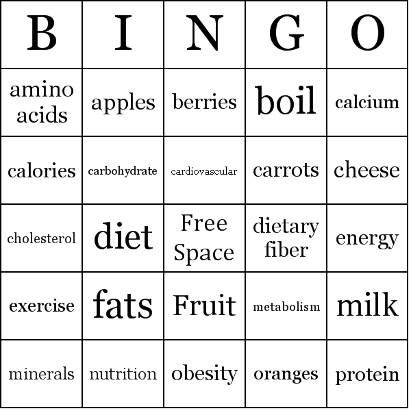 Nutrition Bingo Card Preview