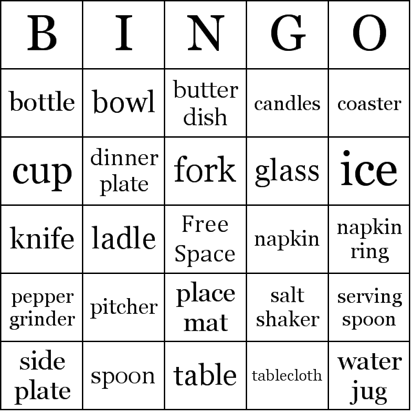 Dining Table Vocabulary Bingo Card Preview