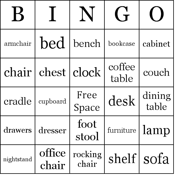 Furniture Bingo Card Preview