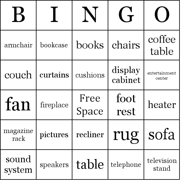 Living Room Vocabulary Bingo Card Preview