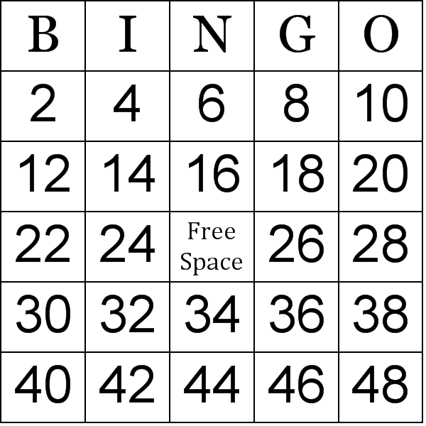 Even Numbers Bingo Card Preview