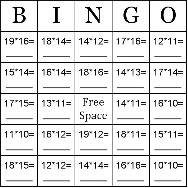 Multiplication Using Numbers Between 10 20 Bingo Card Preview
