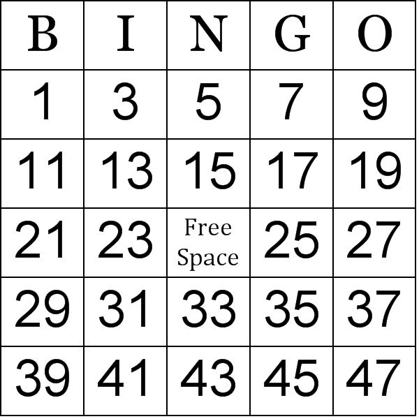 Odd Numbers Bingo Card Preview