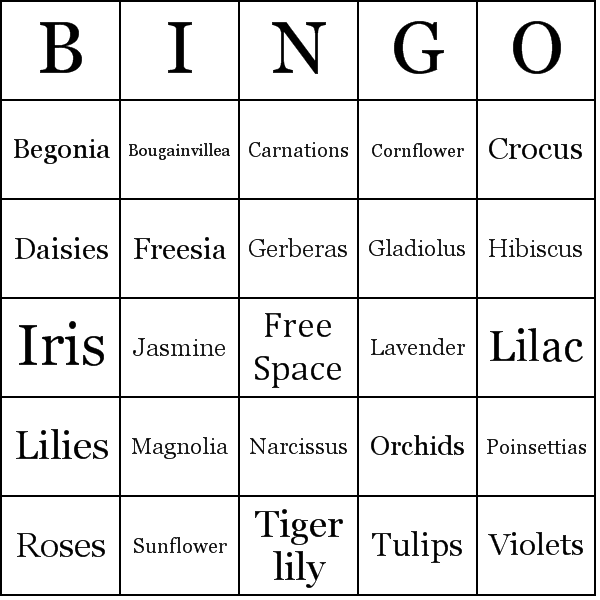 Type of Flowers Bingo Card Preview