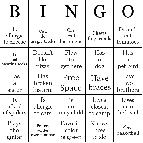 Summer Camp Bingo Card Preview
