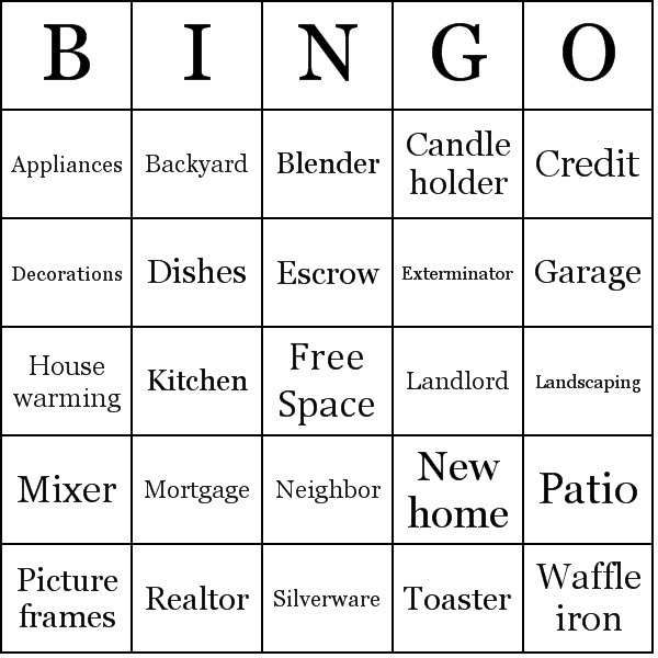 Housewarming Party Bingo Card Preview