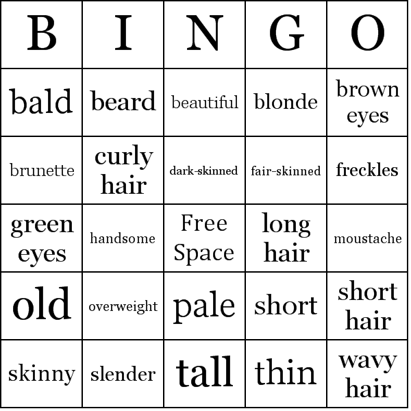 Physical Appearance Bingo Card Preview