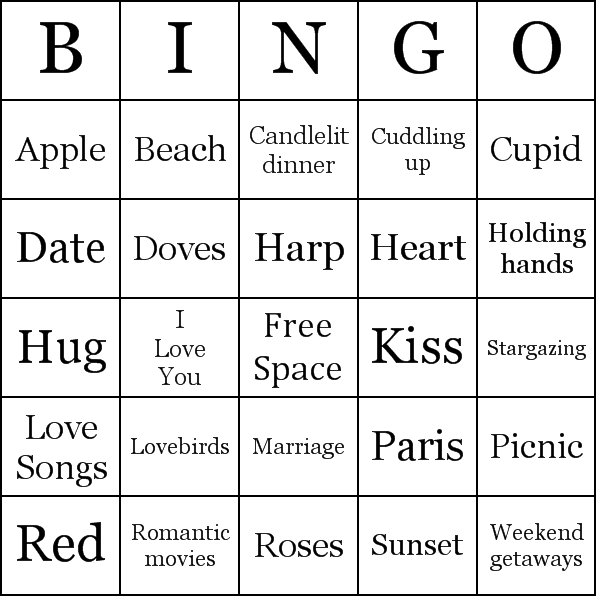 Romantic Symbols Bingo Card Preview