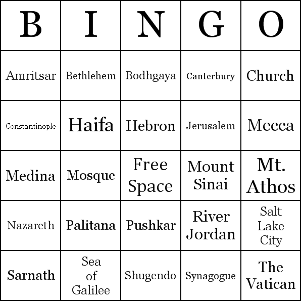 Holy Places of the World Bingo Card Preview