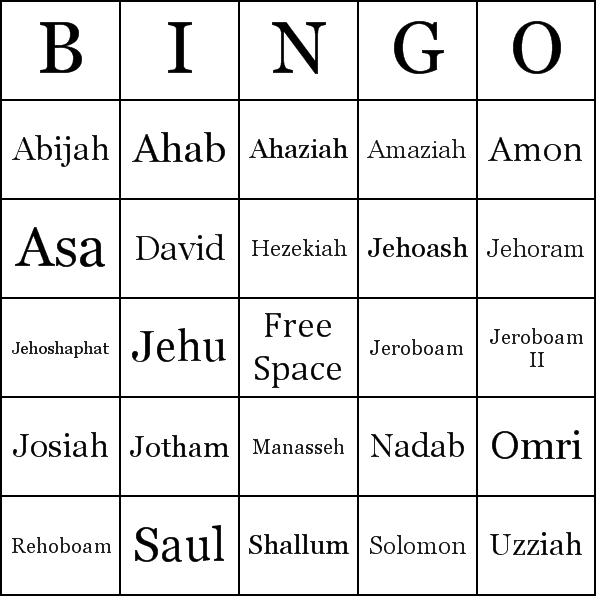 Kings in the Bible Bingo Card Preview