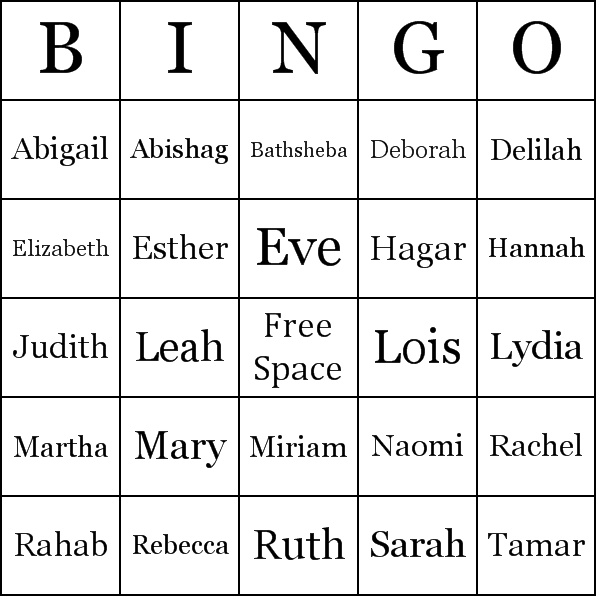 Women of the Bible Bingo Card Preview