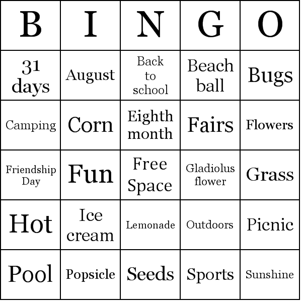 August Bingo Card Preview